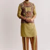 Yellow Linen Kurta Jacket Set With Ajrakh Print
