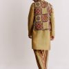 Yellow Linen Kurta Jacket Set With Ajrakh Print