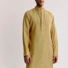 Yellow Linen Kurta Jacket Set With Ajrakh Print