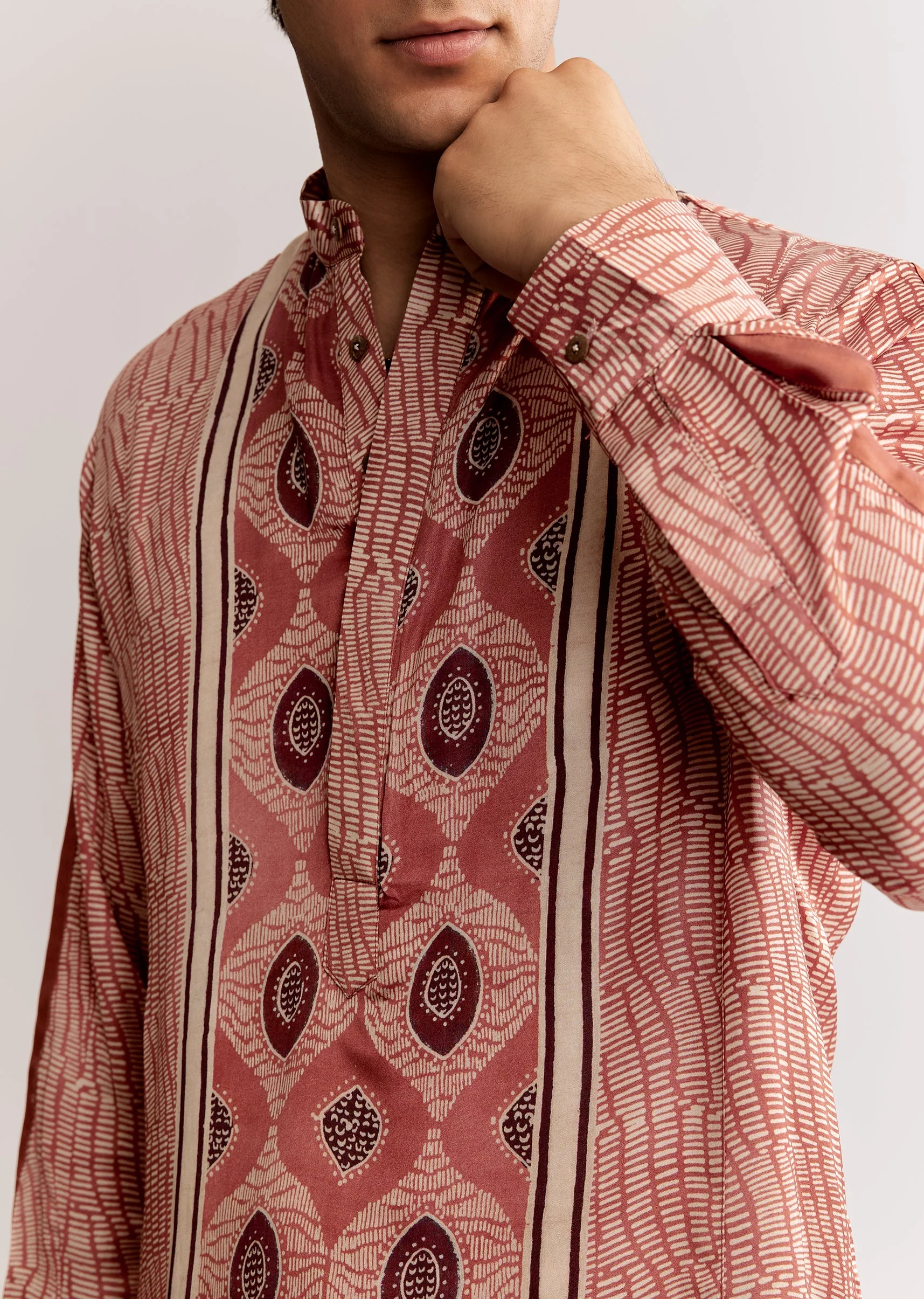 Orange Silk Kurta Set With Ajrakh Print