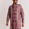 Red Silk Kurta Jacket Set With Ajrakh Print