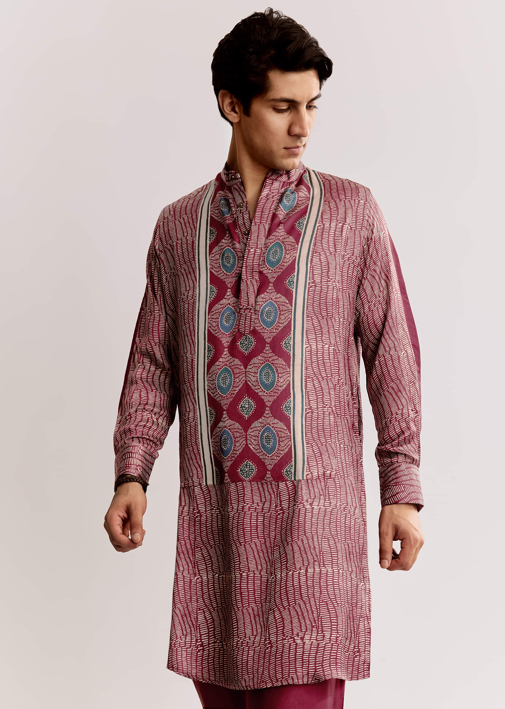 16540-red-silk-kurta-jacket-set-with-ajrakh-print-1.jpg Red Silk Kurta Jacket Set With Ajrakh Print