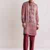 Red Silk Kurta Jacket Set With Ajrakh Print