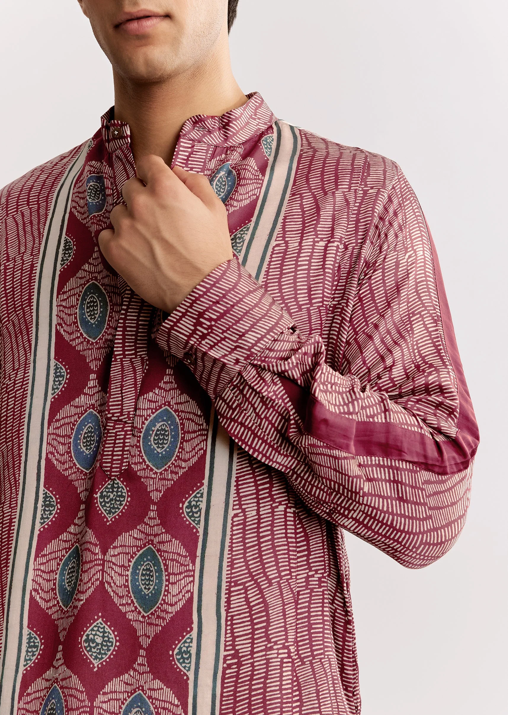 Red Silk Kurta Jacket Set With Ajrakh Print