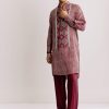 Red Silk Kurta Jacket Set With Ajrakh Print