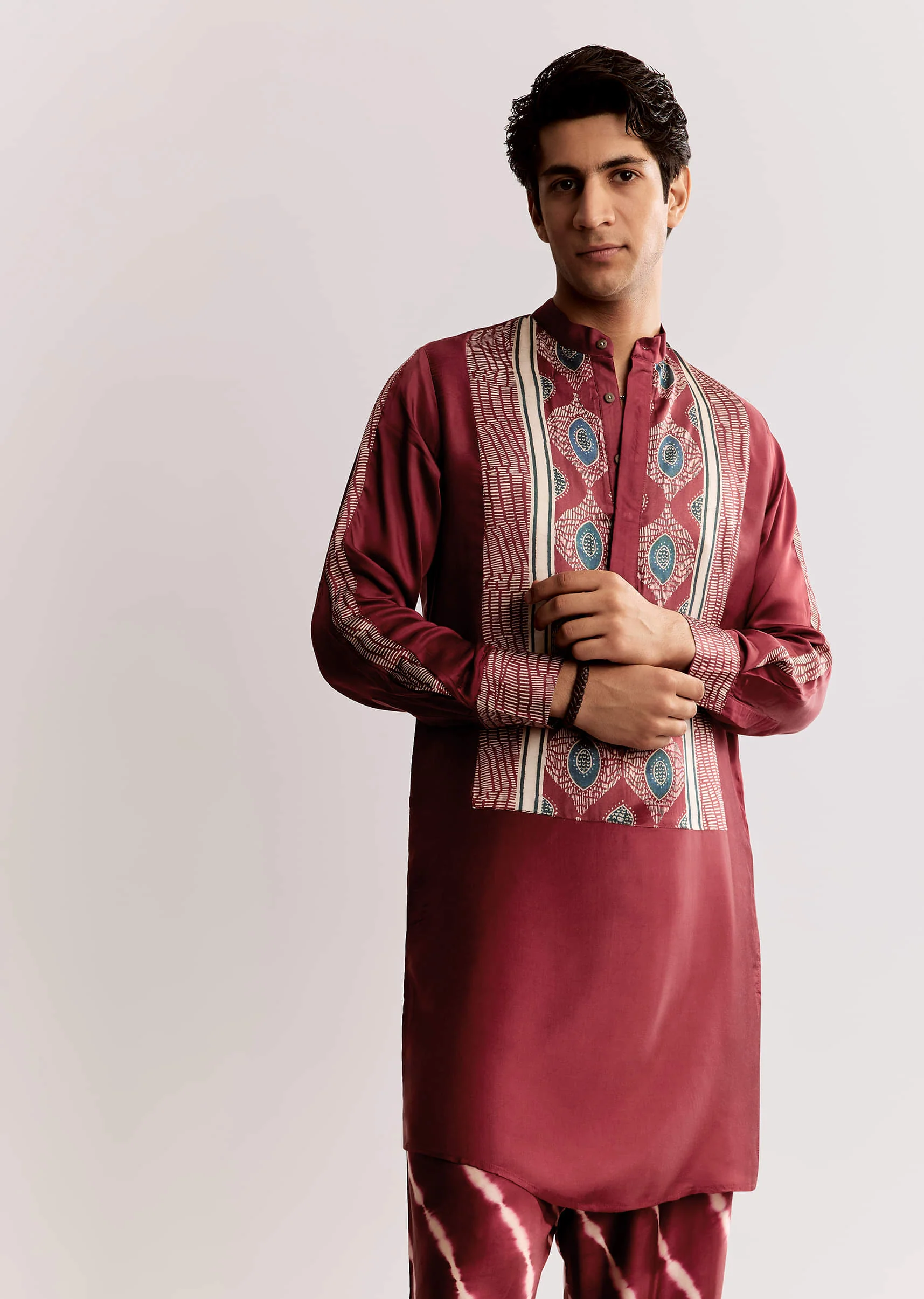 16549-red-silk-kurta-set-with-ajrakh-print-1.webp Red Silk Kurta Set With Ajrakh Print