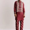 Red Silk Kurta Set With Ajrakh Print