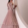 Mauve Pink Tiered Embroidered Gown In Organza With Frill Shoulder-Tops
