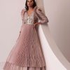Mauve Pink Tiered Embroidered Gown In Organza With Frill Shoulder-Tops