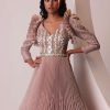 Mauve Pink Tiered Embroidered Gown In Organza With Frill Shoulder-Tops