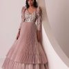 Mauve Pink Tiered Embroidered Gown In Organza With Frill Shoulder-Tops