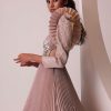 Mauve Pink Tiered Embroidered Gown In Organza With Frill Shoulder-Tops