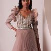 Mauve Pink Tiered Embroidered Gown In Organza With Frill Shoulder-Tops