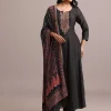 Black Embroidered Kurti Set With Modal Silk Ajrakh Printed Dupatta