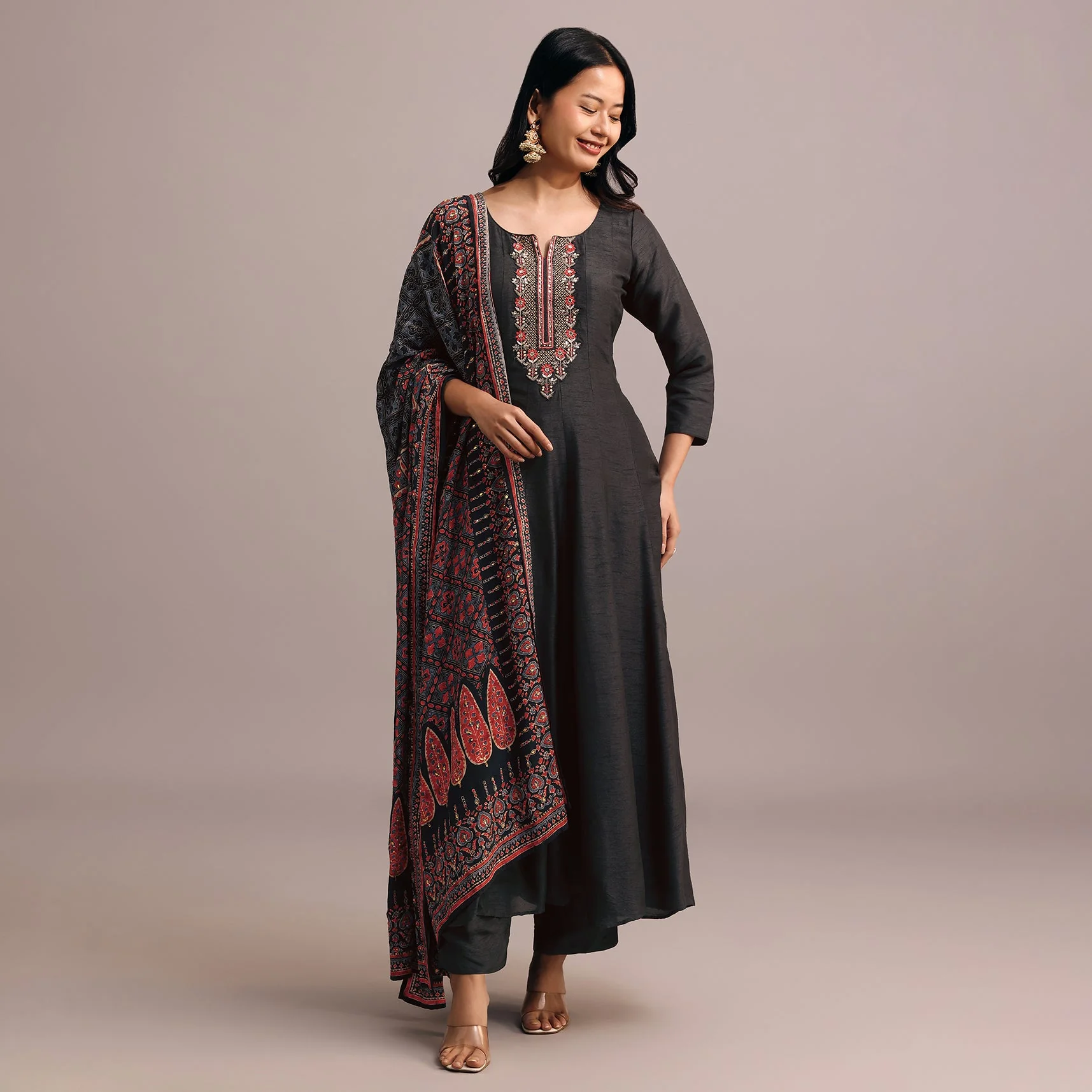 Black Embroidered Kurti Set With Modal Silk Ajrakh Printed Dupatta