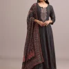Black Embroidered Kurti Set With Modal Silk Ajrakh Printed Dupatta