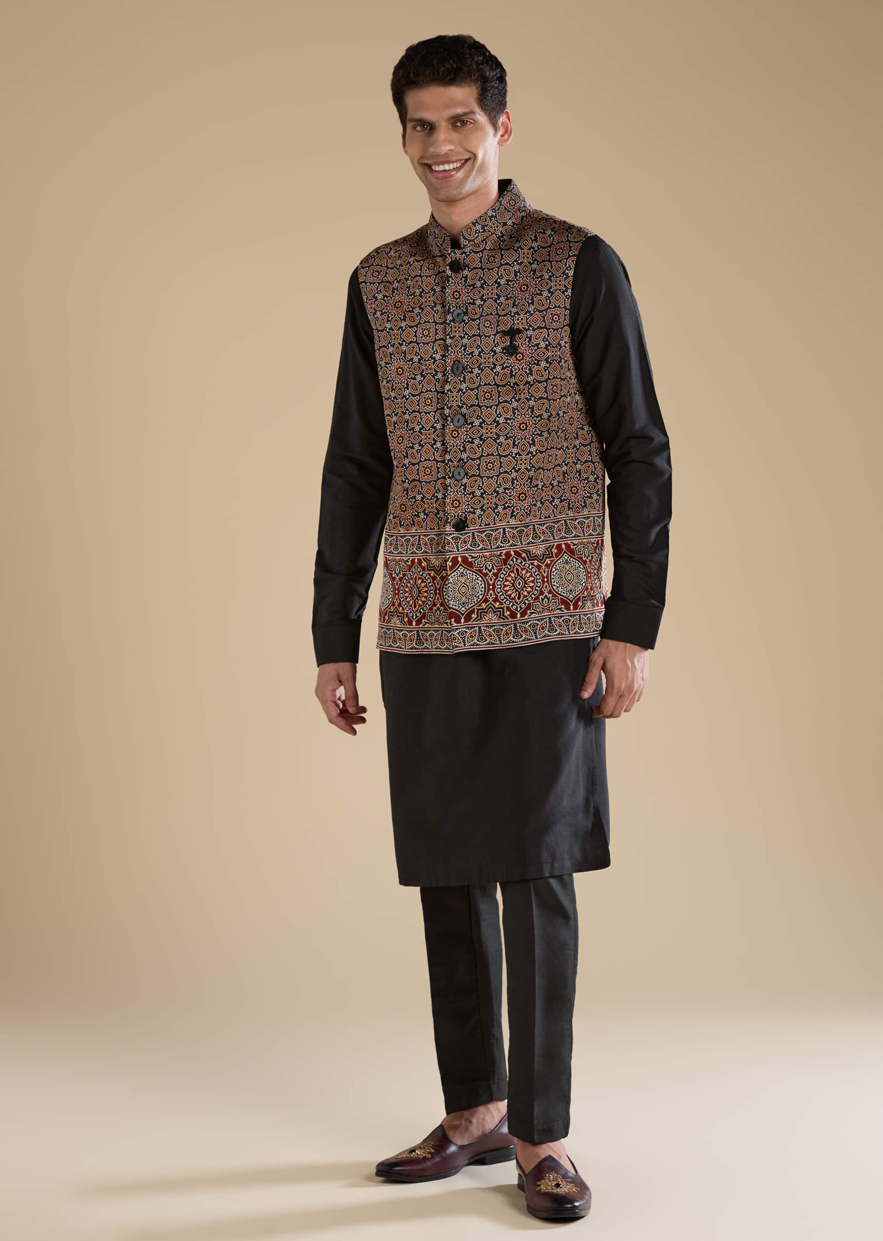 16579-black-ajrakh-print-mens-jacket-kurta-and-pant-set-1.jpg Black Ajrakh Print Mens Jacket Kurta and Pant Set