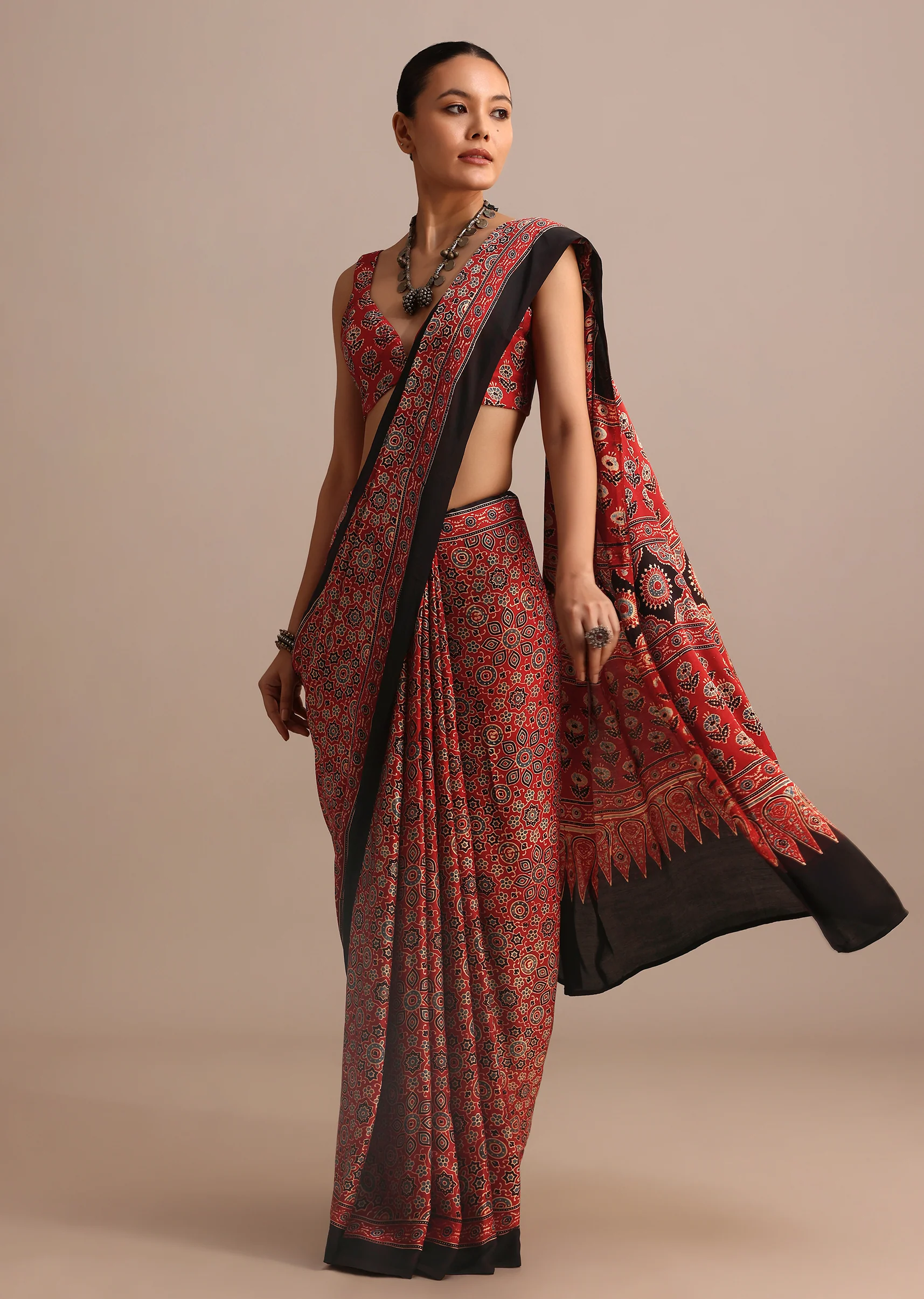 16588-red-modal-satin-ajrakh-handblock-printed-saree-1.webp Red Modal Satin Ajrakh Handblock Printed Saree