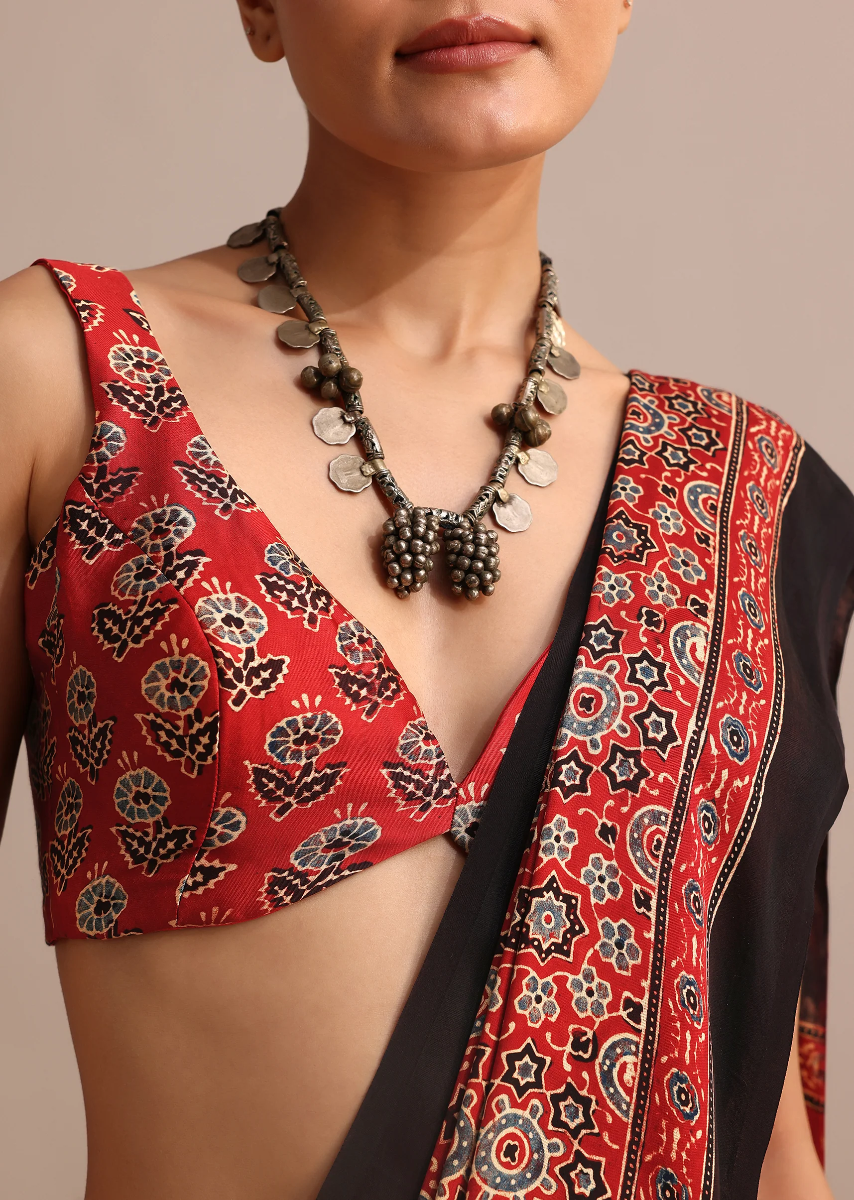 Red Modal Satin Ajrakh Handblock Printed Saree