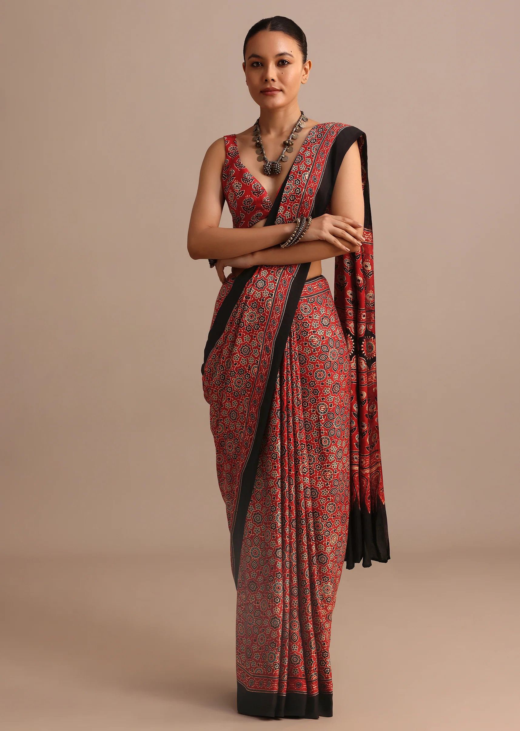 Red Modal Satin Ajrakh Handblock Printed Saree