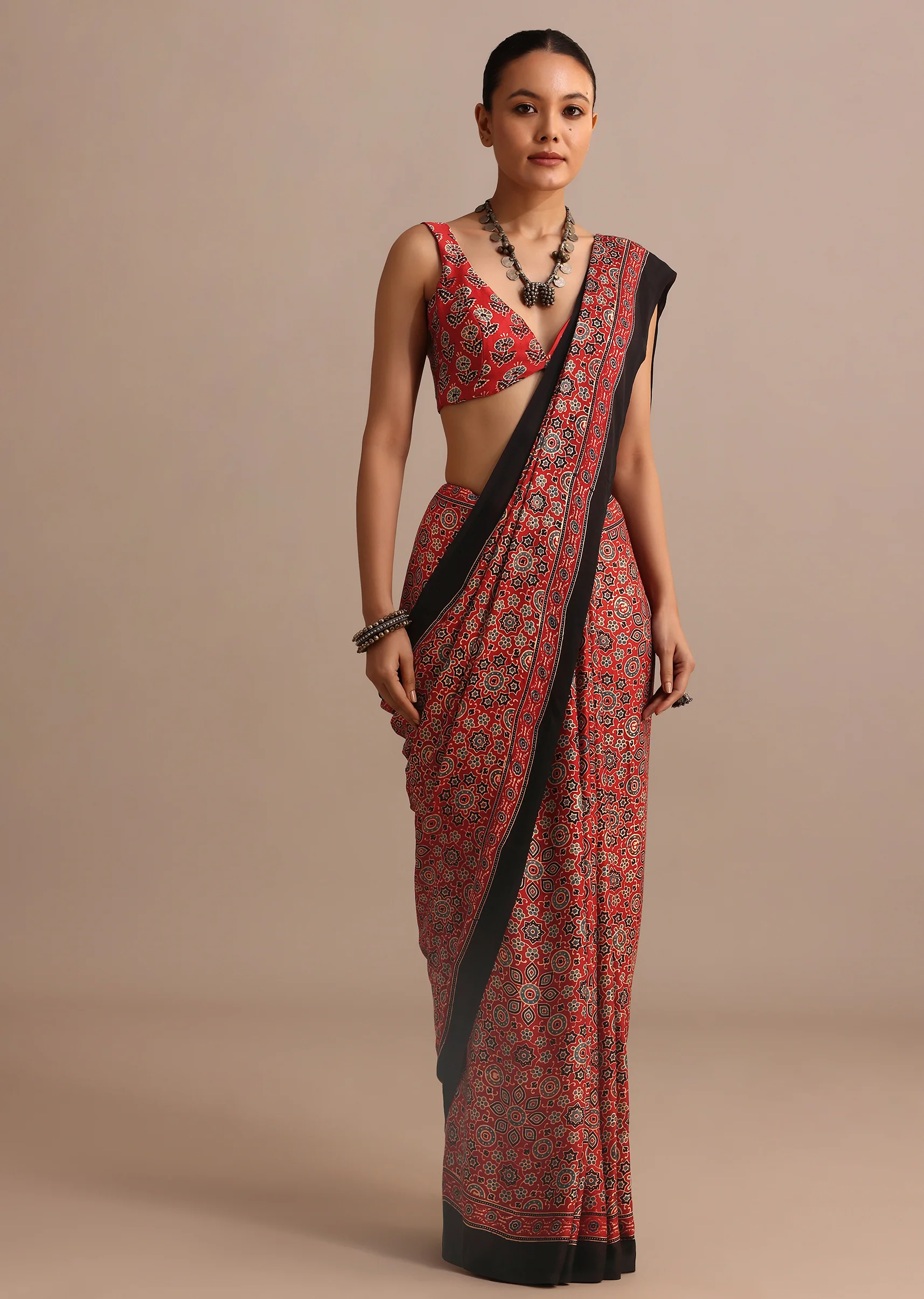 Red Modal Satin Ajrakh Handblock Printed Saree