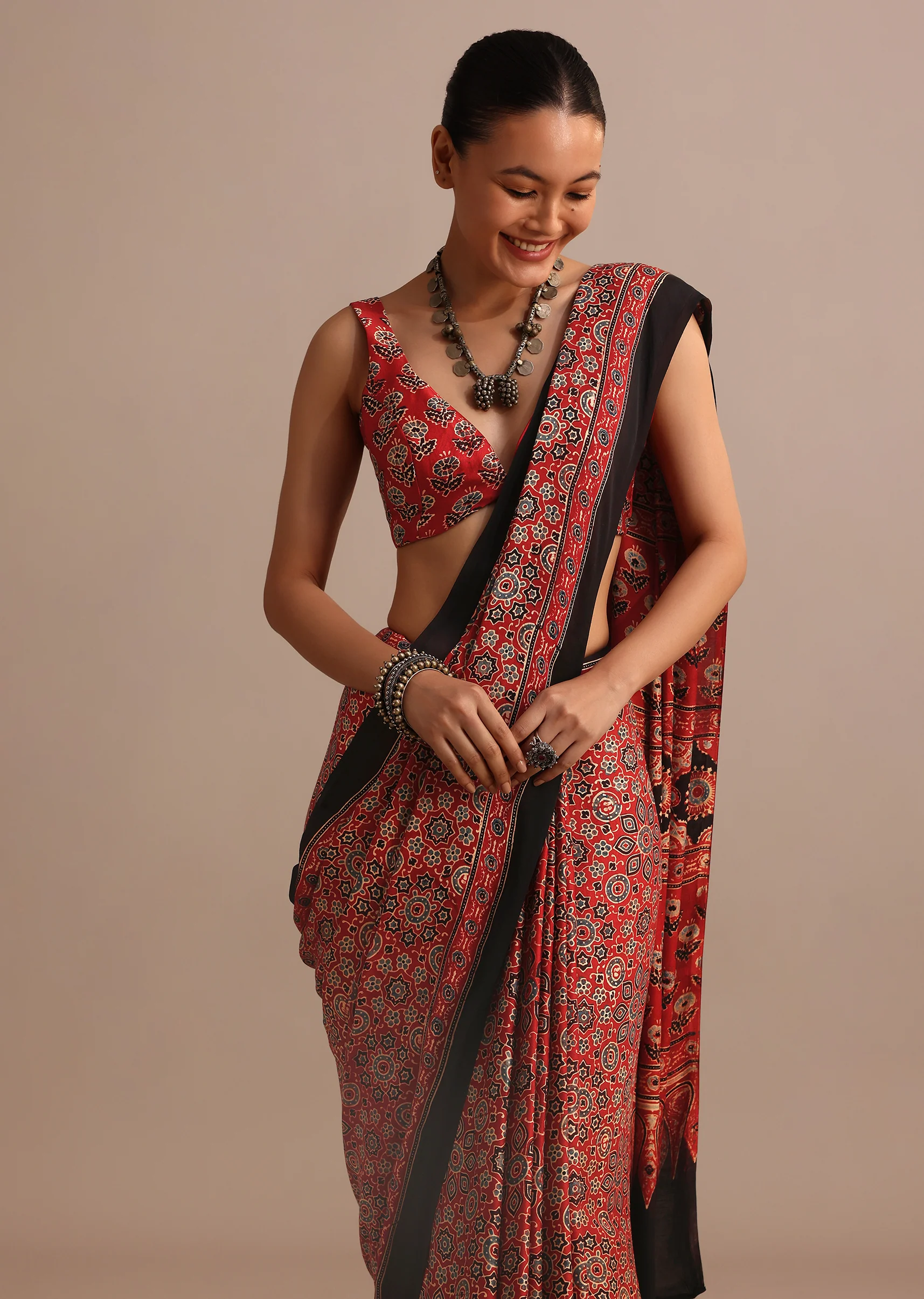 Red Modal Satin Ajrakh Handblock Printed Saree