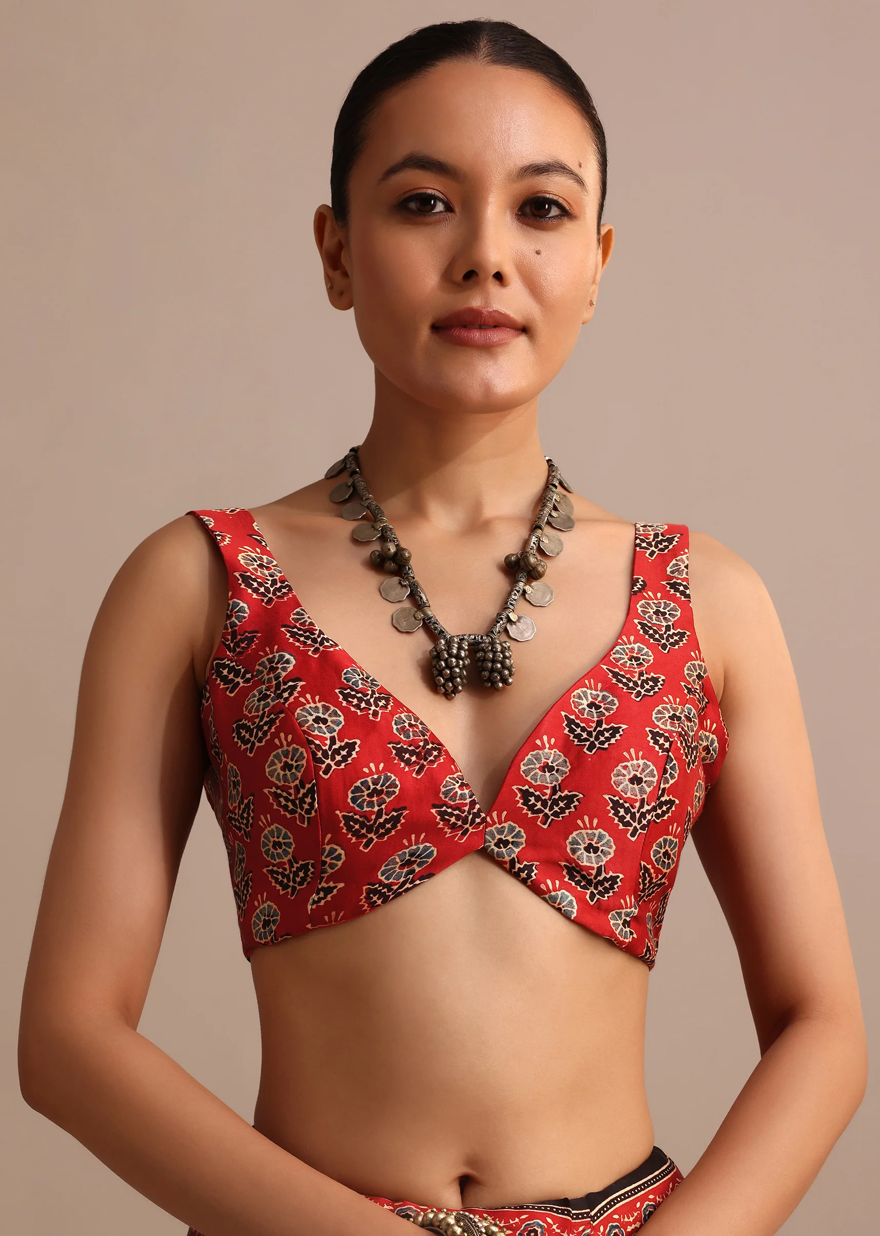 Red Modal Satin Ajrakh Handblock Printed Saree