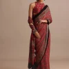 Red Satin Ajrakh Handblock Printed Saree
