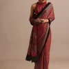 Red Satin Ajrakh Handblock Printed Saree