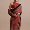 Red Satin Ajrakh Handblock Printed Saree