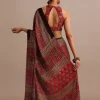 Red Satin Ajrakh Handblock Printed Saree