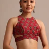 Red Satin Ajrakh Handblock Printed Saree