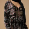 Black Hand Dyed Ajrakh Gown Set with Jacket and Scarf