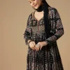 Black Hand Dyed Ajrakh Gown Set with Jacket and Scarf