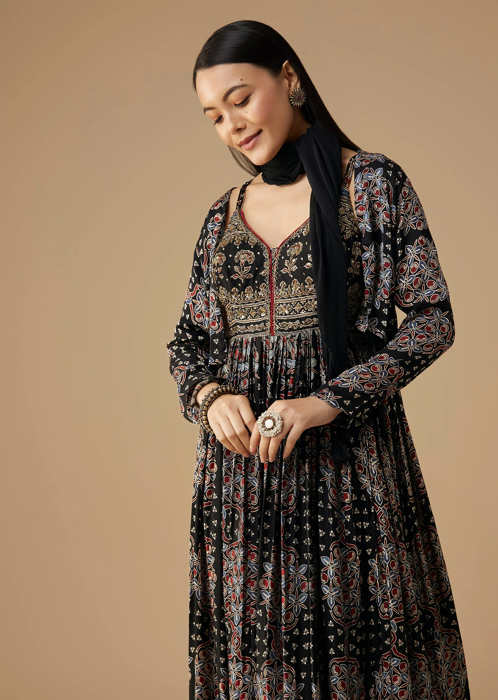 Black Hand Dyed Ajrakh Gown Set with Jacket and Scarf