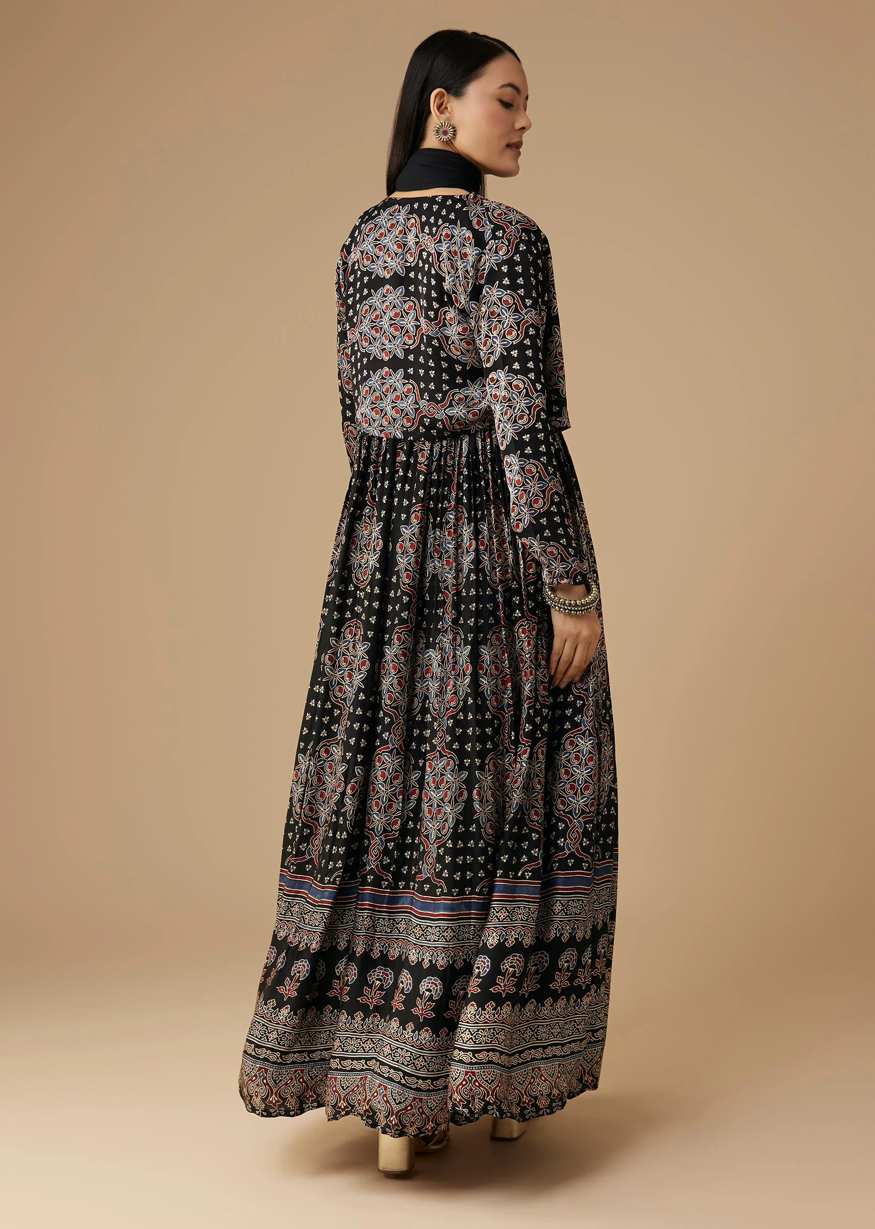 Black Hand Dyed Ajrakh Gown Set with Jacket and Scarf