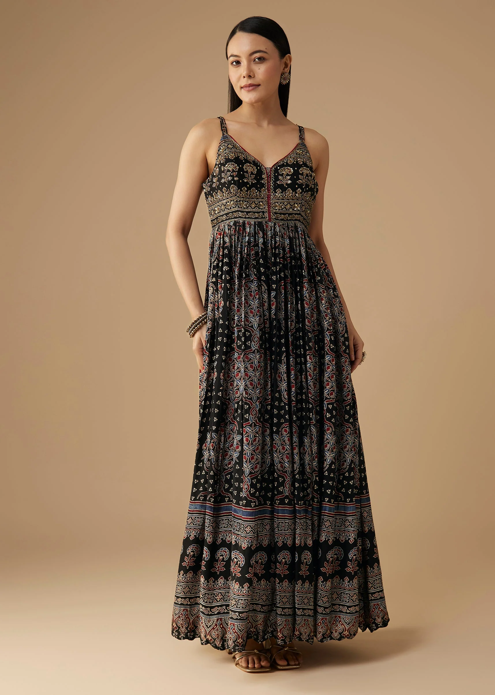 Black Hand Dyed Ajrakh Gown Set with Jacket and Scarf