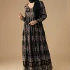 Black Hand Dyed Ajrakh Gown Set with Jacket and Scarf