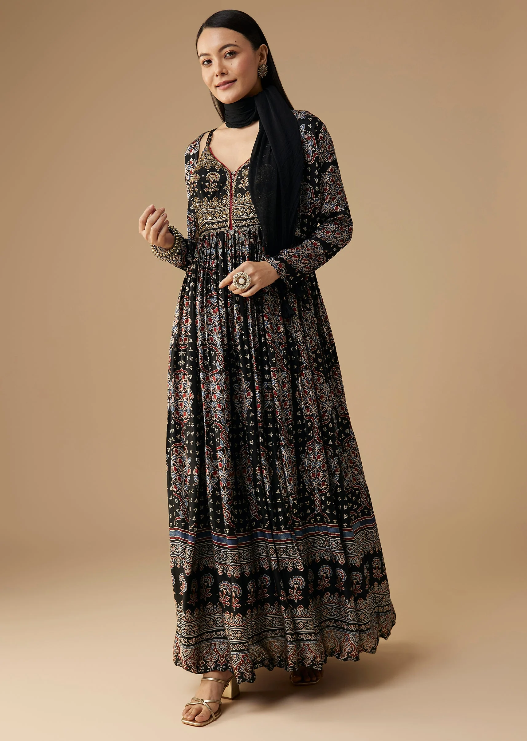 16623-dir-69691c7bdcc3-m-variation-1.webp Black Hand Dyed Ajrakh Gown Set with Jacket and Scarf
