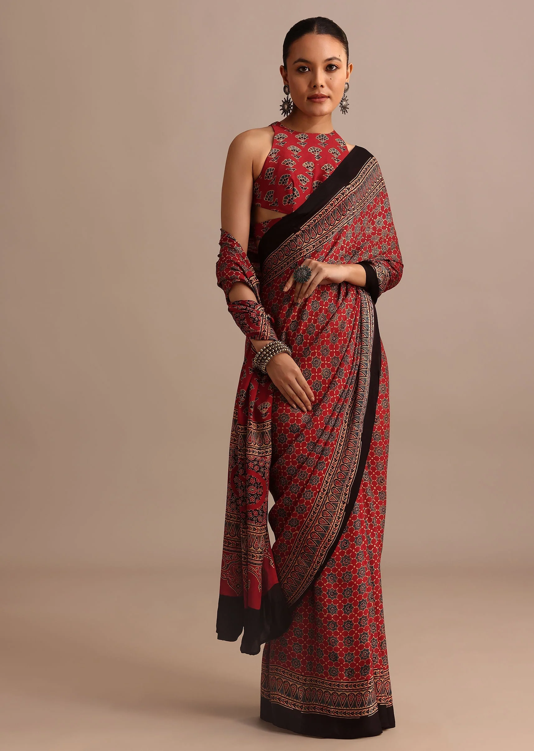 16634-red-satin-ajrakh-handblock-printed-ready-to-wear-saree-1.webp Red Satin Ajrakh Handblock Printed Ready To Wear Saree