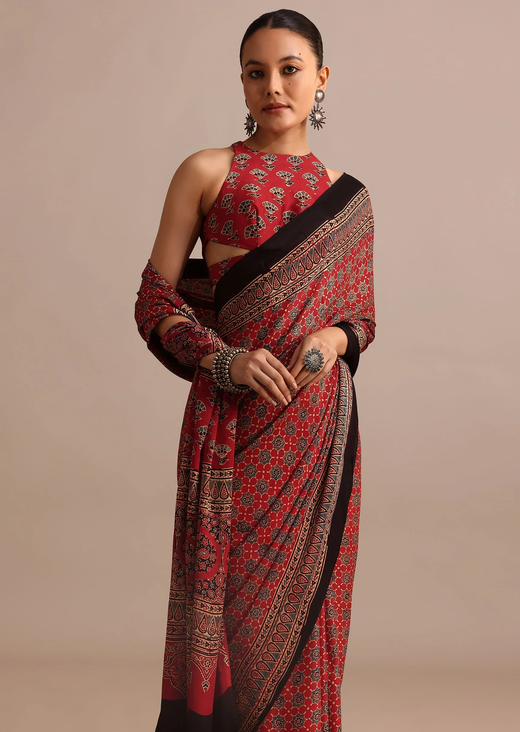 Red Satin Ajrakh Handblock Printed Ready To Wear Saree