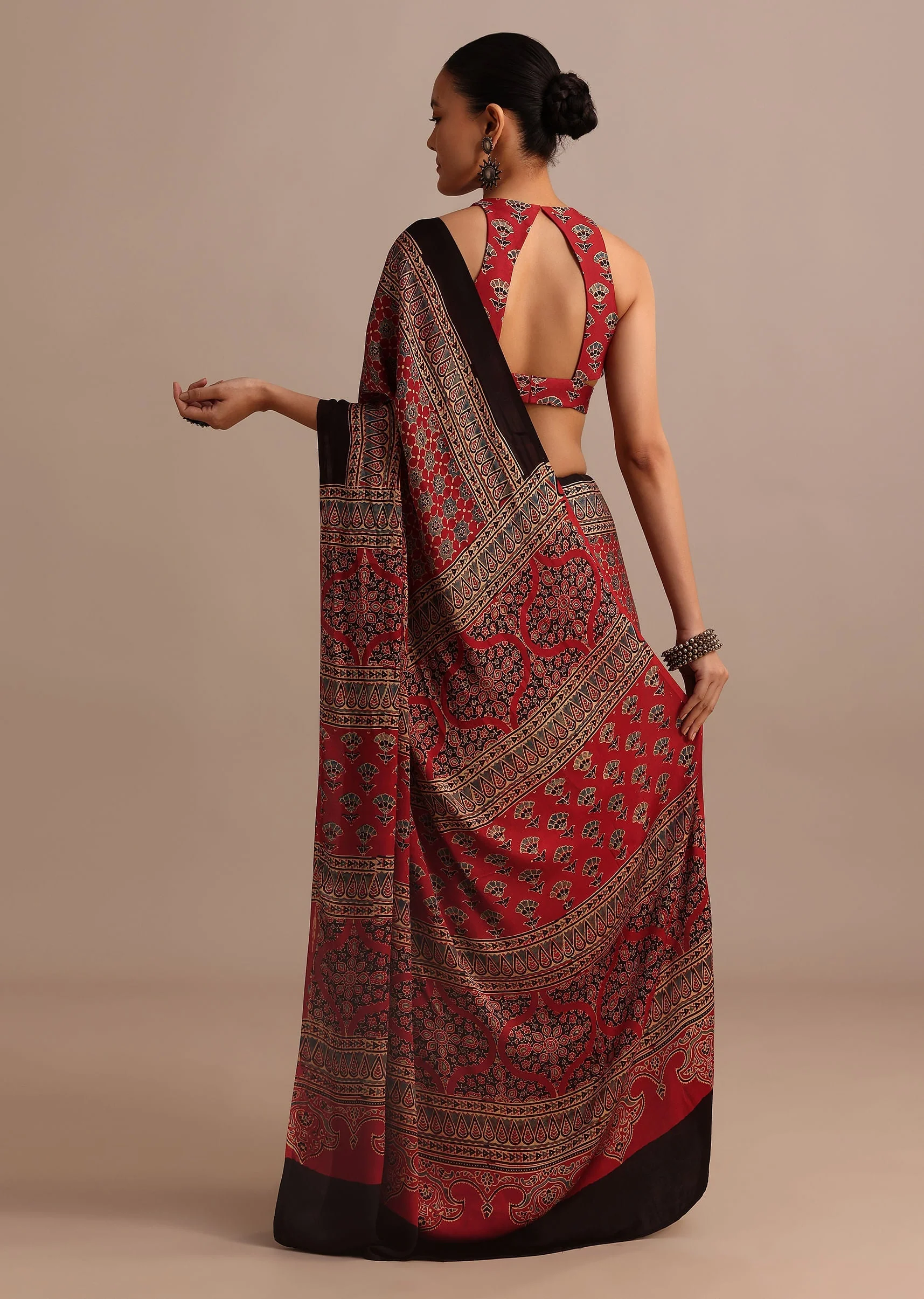 Red Satin Ajrakh Handblock Printed Ready To Wear Saree