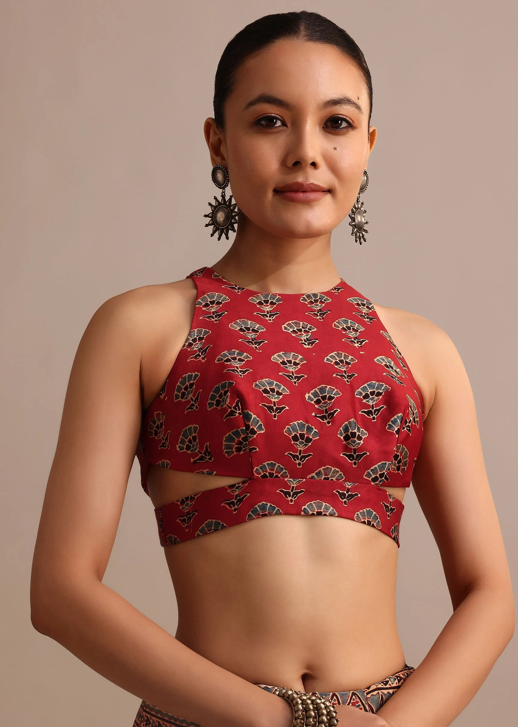 Red Satin Ajrakh Handblock Printed Ready To Wear Saree