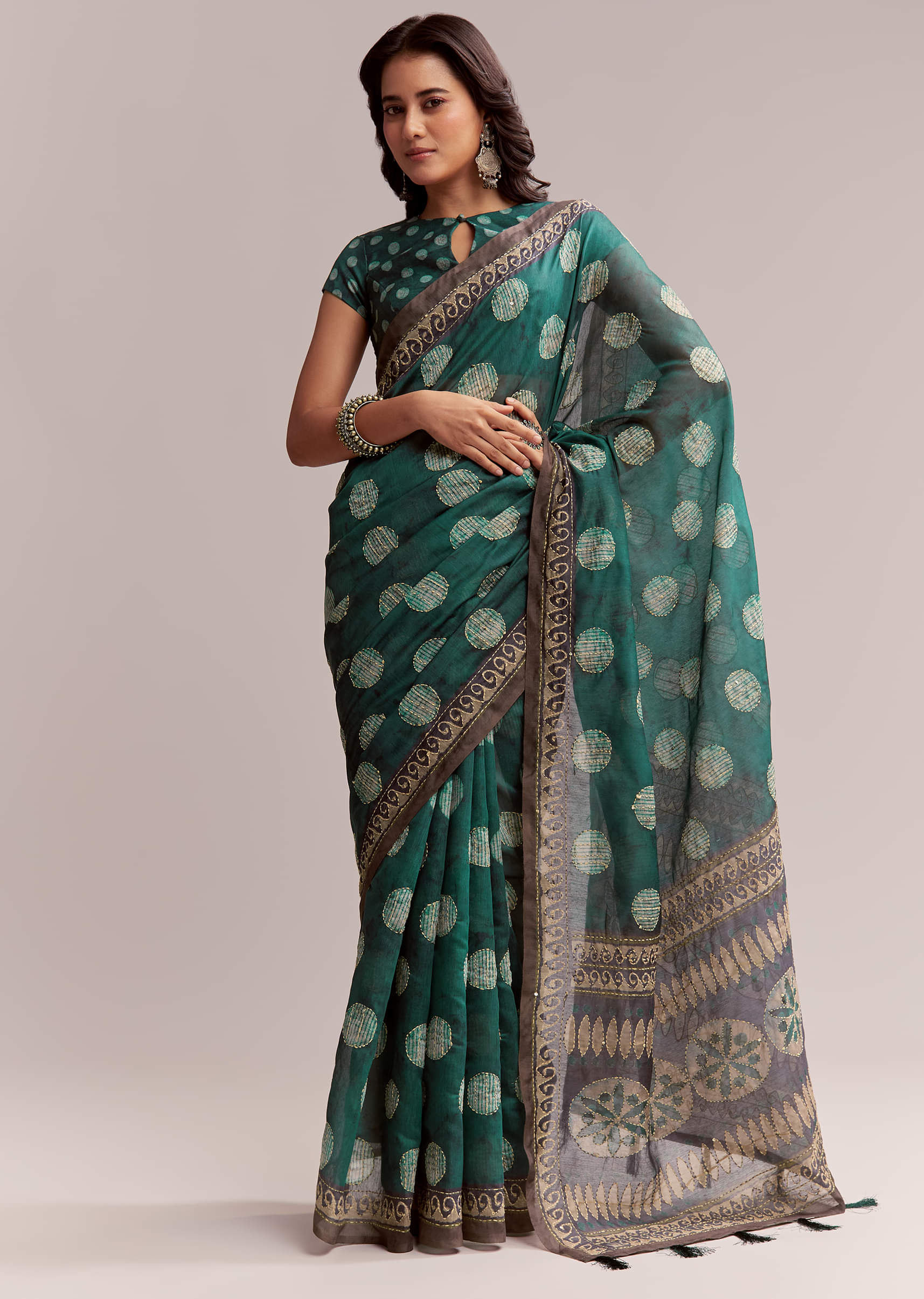 16650-teal-green-linen-printed-saree-with-handcrafted-ajrakh-work-1.jpg Teal Green Linen Printed Saree With Handcrafted Ajrakh Work