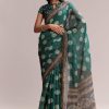 Teal Green Linen Printed Saree With Handcrafted Ajrakh Work