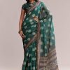 Teal Green Linen Printed Saree With Handcrafted Ajrakh Work