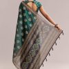 Teal Green Linen Printed Saree With Handcrafted Ajrakh Work