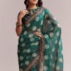 Teal Green Linen Printed Saree With Handcrafted Ajrakh Work
