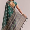 Teal Green Linen Printed Saree With Handcrafted Ajrakh Work