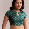 Teal Green Linen Printed Saree With Handcrafted Ajrakh Work